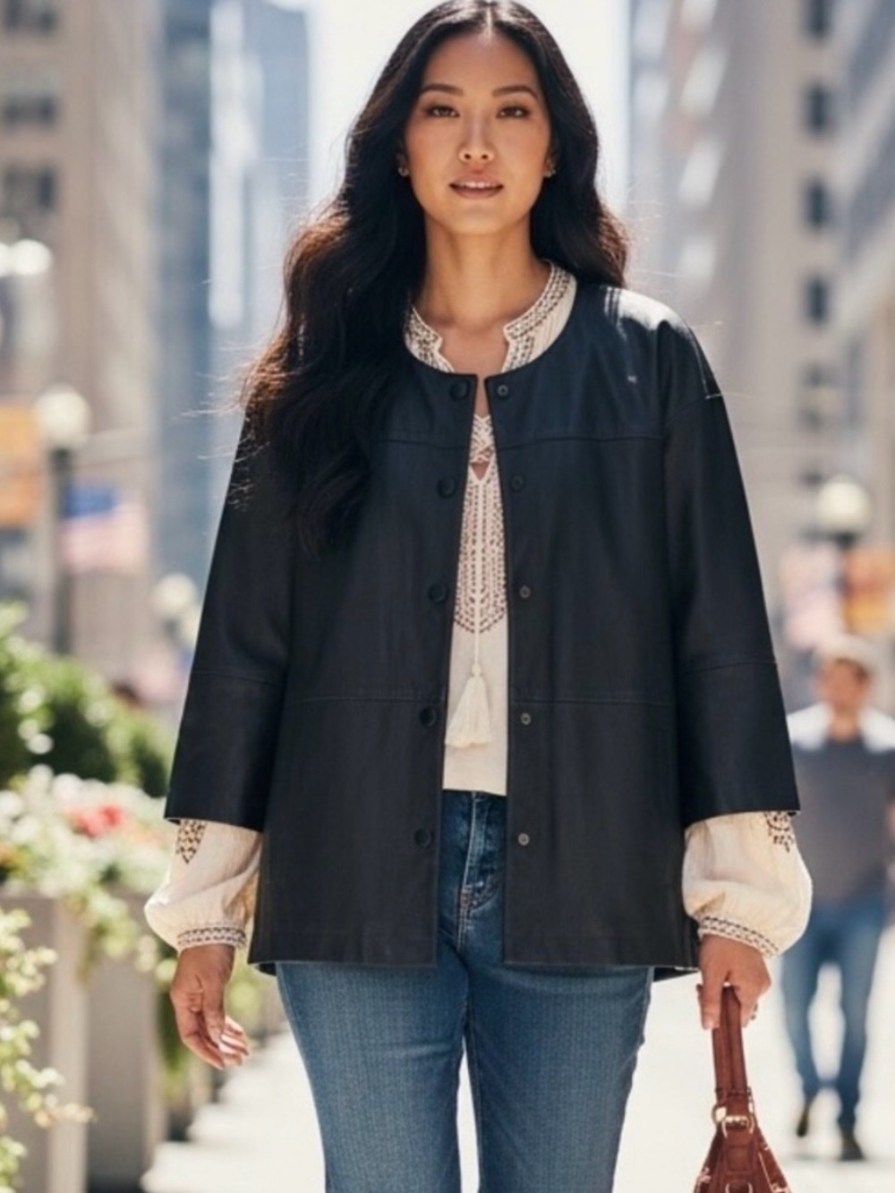 Chicos Black Faux Leather Jacket Sz 2 / L Soft Chic Classic Minimalist NWT